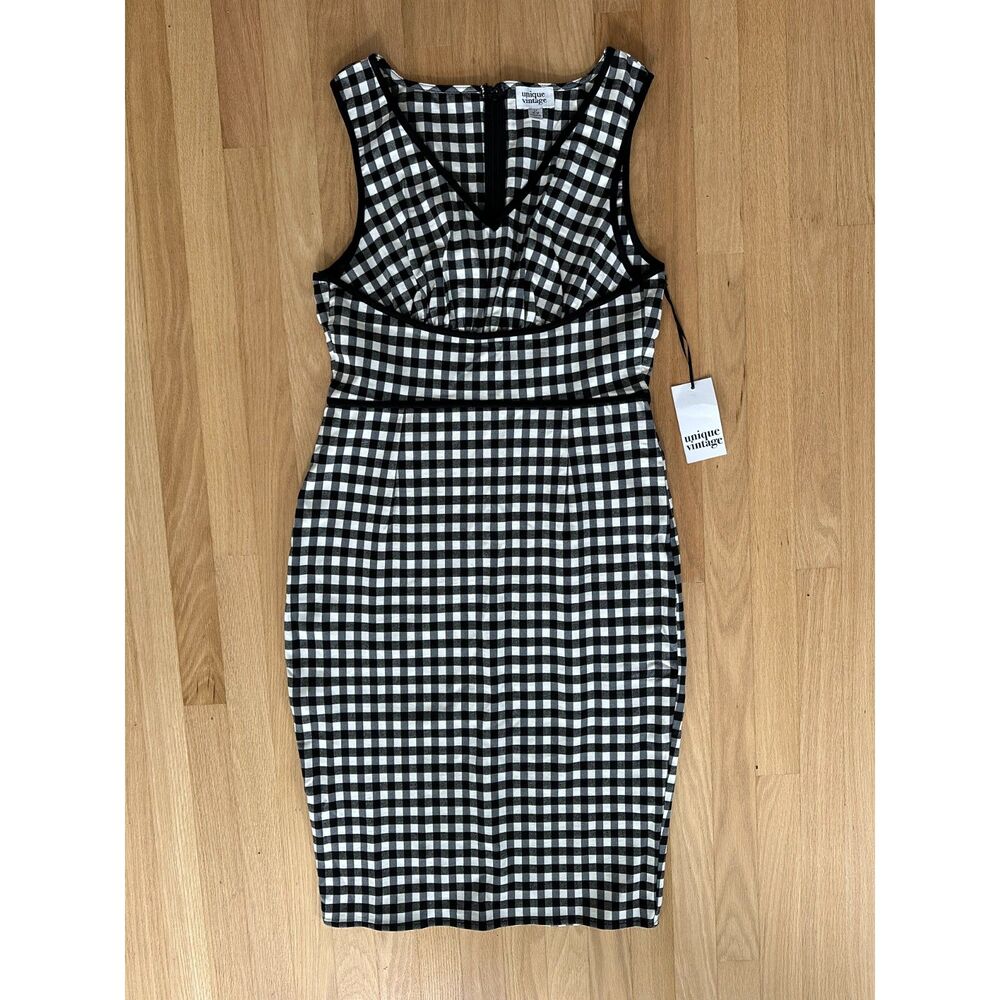 Unique Vintage Black White Gingham Check Bodycon Sheath Pencil Dress L 10/12 NWT